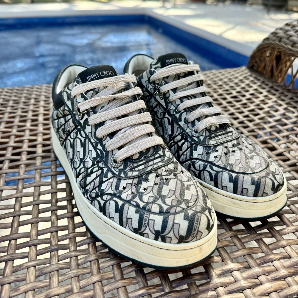 Jimmy Choo Hawaii Gray Sneakers Glitter Fabric 37 Euro, Size 6.5 US